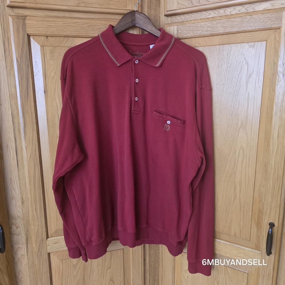 Turnbury Mens XL Long Sleeve Polo Shirt Burgundy Red Cotton Embroidered Pocket‎